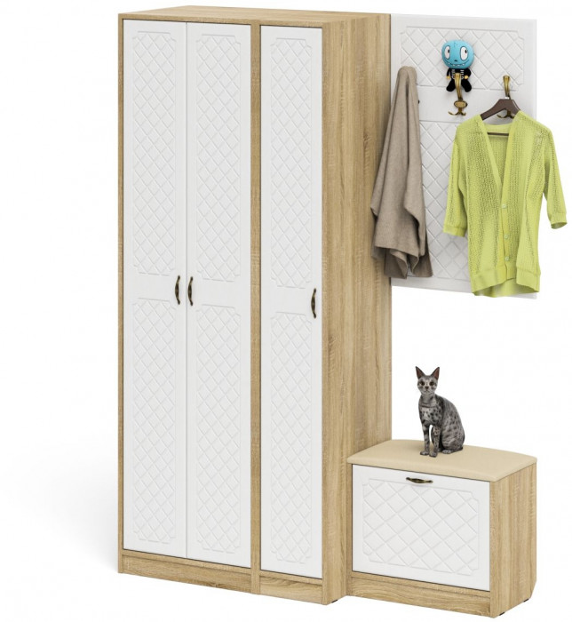 Прихожая П-6 Компоновка № 47, дуб сонома/фасады МДФ белое дерево фрезеровка ромб