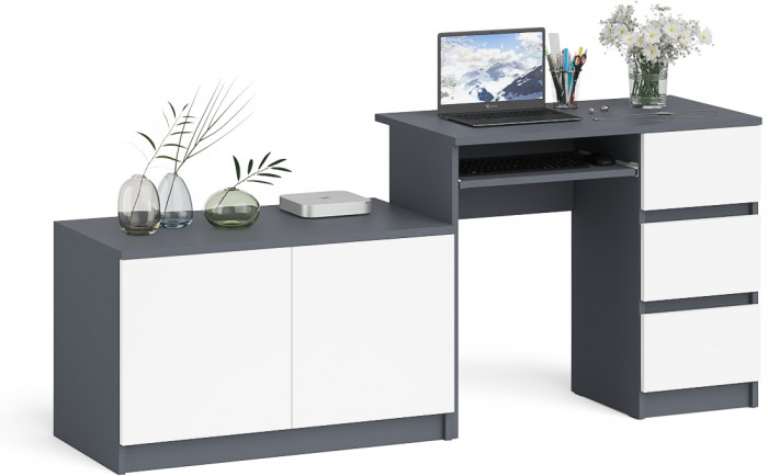 Мори компьютерный стол МС-6 правый + Тумба МА900.1, графит/белый
