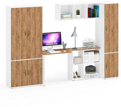 Лидер-8 Шкаф МД 20Б + Стол + Полка + Пенал 23Б, цвет белый шагрень/крафт золото, ШхГхВ 285х50/37,5х75/190 или 195х120х75/190 см., НЕ ун.сб.