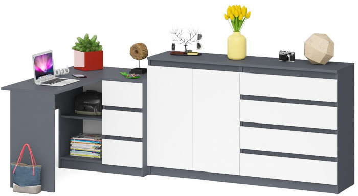 Мори Стол компьютерный МС-16 правый + Комод МК1600.1, цвет графит/белый, ШхГхВ 284,8х84,9х94 см., выдвижные ящики справа, НЕ универсальная сборка