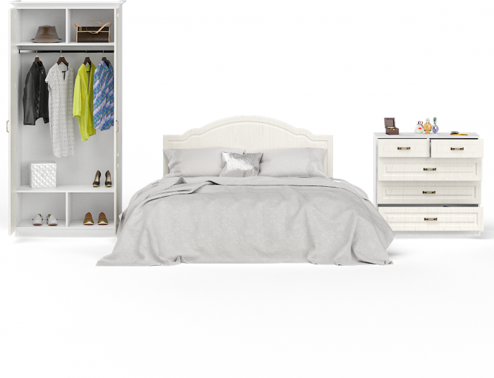 Ливерпуль Спальня № 4 Кровать 11.08ОСН + Шкаф 13.134 + карниз + Комод 10.103, ясень ваниль/белый