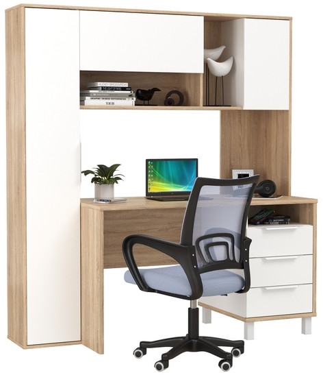 Стол компьютерный Комфорт 12.95N + кресло 103 серое, цвет дуб сонома/белый, ШхГхВ 162х60,3х180 см., НЕ универсальная сборка