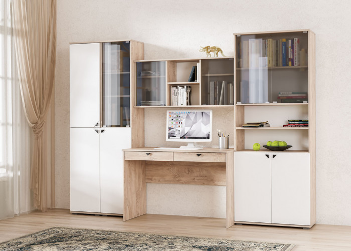 КР100 Бостон 13.155 Шкаф, цвет дуб эндгрейн элегантный/фасады МДФ милк рикамо софт, ШхГхВ 38,6х35,1х194,4 см., универсальная сборка