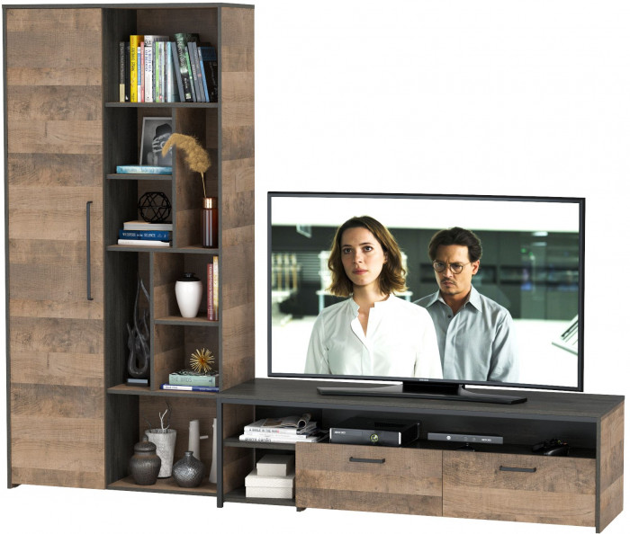 Трувор 13.70 Тумба под ТВ + 13.206 Шкаф-стеллаж, цвет дуб гранж песочный/интра, ШхГхВ 242,8х45,4х194,2 см., универсальная сборка
