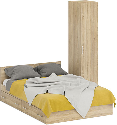 Кровать с ящиками 1400 + Пенал Стандарт, цвет дуб сонома, ШхГхВ 143,5х203,5х70 + 45х52х200 см., сп.м. 1400х2000 мм., без матраса, основание есть