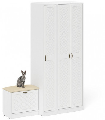 Прихожая П-6 Компоновка № 45, цвет белая шагрень/фасады МДФ белое дерево фрезеровка ромб, ШхГхВ 150х50х210 см., универсальная сборка