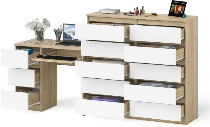 Мори Стол компьютерный МС-6 левый + Комод МК1200.10, цвет дуб сонома/белый, ШхГхВ 210,4х50х115 см., выдвижные ящики слева, НЕ универсальная сборка