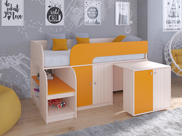 Кровать чердак Астра 9 V8 Дуб молочный/Оранжевый