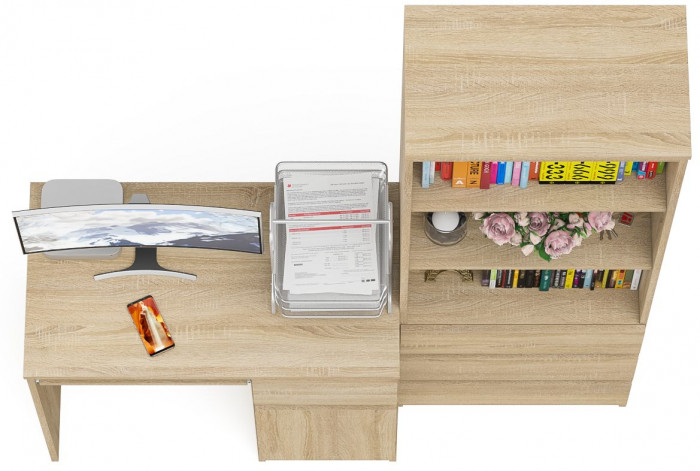 Мори компьютерный стол МС-1 правый + Стеллаж МСТ600.3, дуб сонома