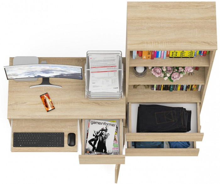 Мори компьютерный стол МС-1 правый + Стеллаж МСТ600.3, дуб сонома