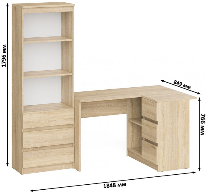 Мори компьютерный стол МС-16 правый + Стеллаж МСТ600.3, дуб сонома