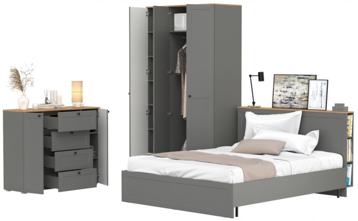 Остин 11.53 Кровать + ортопед + 13.336.03 Шкаф для одежды + 16.221 Комод, серый графит/дуб крафт золотой
