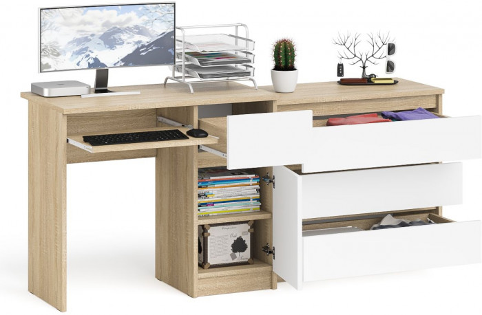 Мори Стол компьютерный МС-1 правый + Комод МК800.1, цвет дуб сонома/белый, ШхГхВ 170,4х50х76,6 см., выдвижной ящик справа, НЕ универсальная сборка