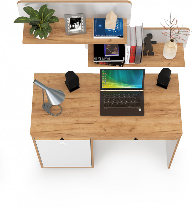 Вуди письменный стол 12.42 + 2хПолка 15.46, белый премиум/дуб крафт золотой