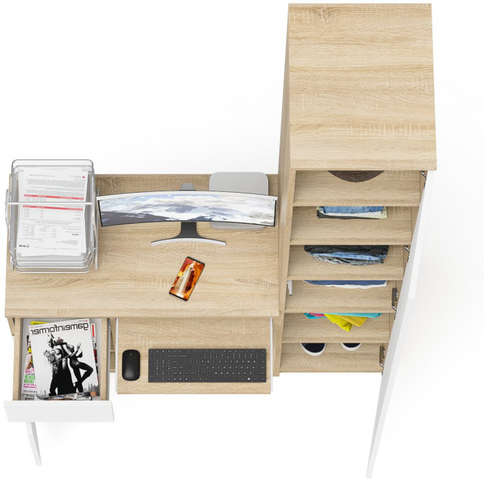 Мори компьютерный стол МС-1 левый + Пенал МШ400.1, дуб сонома/белый