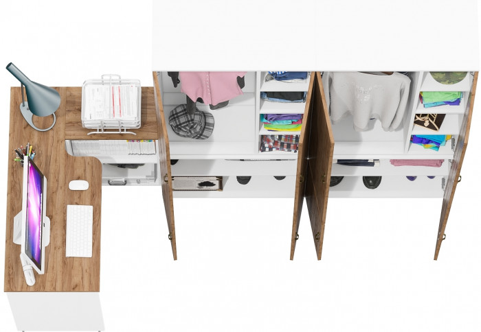 Лидер-8 Стол + Шкаф МД 20Б + Шкаф МД 20Б, цвет белый шагрень/крафт золото, ШхГхВ 325х50/37,5х75/190 или 115х240/50х75/190 см., НЕ ун. сборка