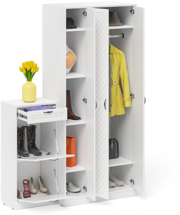 Прихожая П-6 Компоновка № 48, белая шагрень/фасады МДФ белое дерево фрезеровка ромб