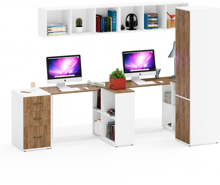 Лидер-8 Стол + Полка + Стол + Полка + Пенал МД 23Б + Тумба МД 3.16, цвет белый шагрень/крафт золото, 410х50х75/190 или 270х120/50х75/190, НЕ ун. сб.