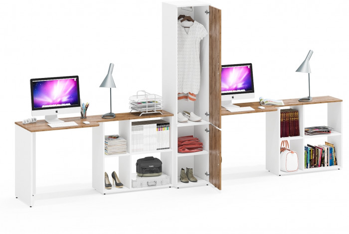 Лидер-8 Стол + Стол + Пенал МД 21Б, цвет белый шагрень/крафт золото, ШхГхВ 370х50/37,5х75/190 или 230х120/50х75/190 см., НЕ универсальная сборка