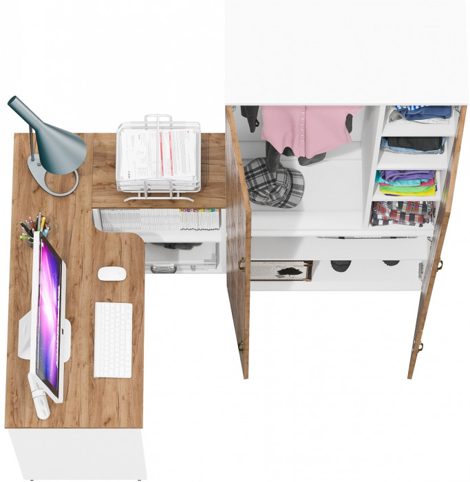 Лидер-8 Стол + Шкаф МД 20Б, цвет белый шагрень/крафт золото, ШхГхВ 245х50/37,5х75/190 или 115х160/50х75/190 см., НЕ универсальная сборка