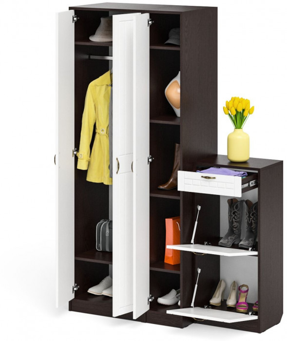 Прихожая П-6 Компоновка № 48, венге/фасады МДФ белое дерево фрезеровка прованс