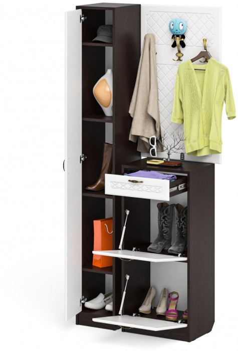 Прихожая П-6 Компоновка № 24, цвет венге/фасады МДФ белое дерево фрезеровка ромб, ШхГхВ 90х35х210 см., универсальная сборка