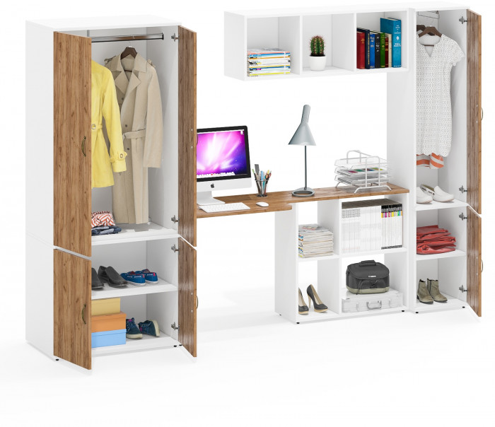 Лидер-8 Шкаф МД 19Б + Стол + Полка + Пенал 21Б, белый шагрень/крафт золото