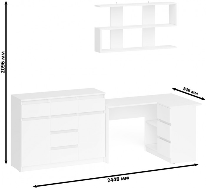 Мори компьютерный стол МС-16 правый + Комод МК1200.4 + Полка 1200, белый