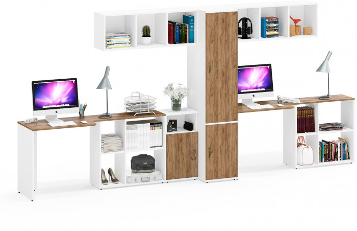 Лидер-8 Стол + Полка + Стол + Полка + Пенал МД 23Б + Тумба МД 3.19, цвет белый шагрень/крафт золото, 410х50х75/190 или 230х160/50х75/190, НЕ ун. сб.