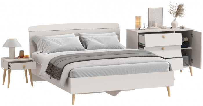 Афина Спальня Кровать 1600 + Комод + Тумба, цвет кашемир серый, ШхГхВ 164,6х210,2х95,6 + 110х45,3х83 + 45х37х45 см., 1600х2000 мм., б/м, осн. есть