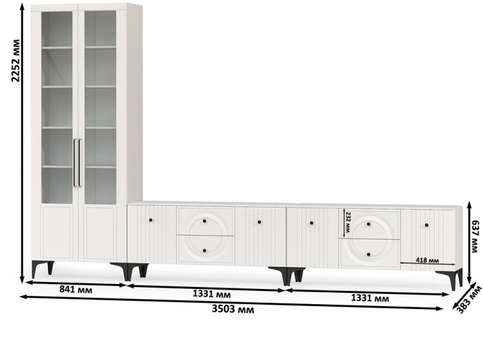Валенсия Гостиная № 082, цвет ЛДСП белый шагрень/МДФ белый шагрень, ШхГхВ 350,3х38,3х225,2 см., универсальная сборка