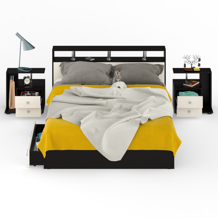 Камелия Кровать с ящиками 1600 + две тумбы, цвет венге/дуб лоредо, ШхГхВ 276х217х78,2 см., сп.м. 1600х2000 мм., без матраса, основание есть