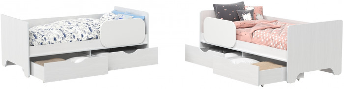 КР100 Уна 11.22 Две кровати с ящиками, цвет белый(структура Поры дерева), ШхГхВ 163,8х87,6х65,3 см., 2х800х1600 мм., б/м, осн. есть, съёмный бортик