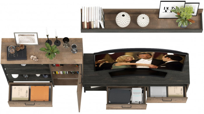 Трувор 13.70 Тумба под ТВ + 13.307.01 Комод + 15.60 Полка, цвет дуб гранж песочный/интра, ШхГхВ 258,8х45,4х195 см., универсальная сборка