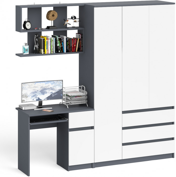 Мори Стол компьютерный МС-1 правый + Шкаф МШ1200.1 + Полка 900, цвет графит/белый, ШхГхВ 210,4х50,4х209,6 см., НЕ универсальная сборка