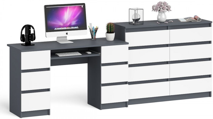Мори Стол компьютерный МС-2 + Комод МК1200.8, цвет графит/белый, ШхГхВ 255,8х50х94 см., универсальная сборка