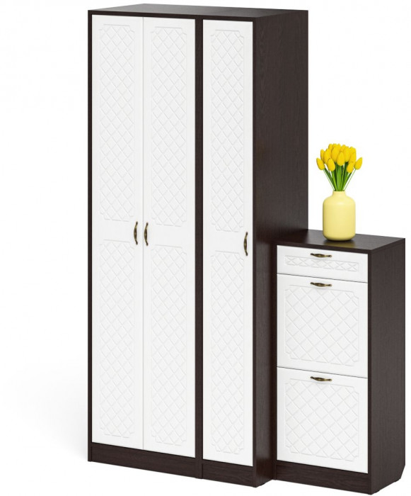 Прихожая П-6 Компоновка № 48, венге/фасады МДФ белое дерево фрезеровка ромб