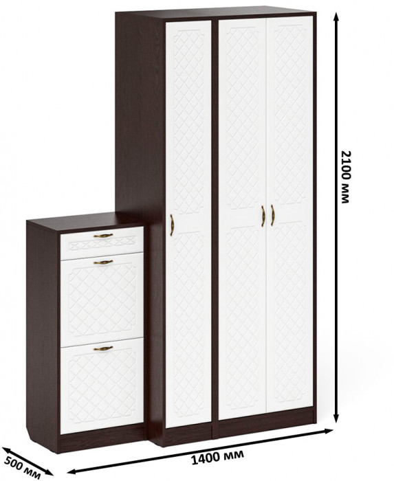 Прихожая П-6 Компоновка № 48, венге/фасады МДФ белое дерево фрезеровка ромб