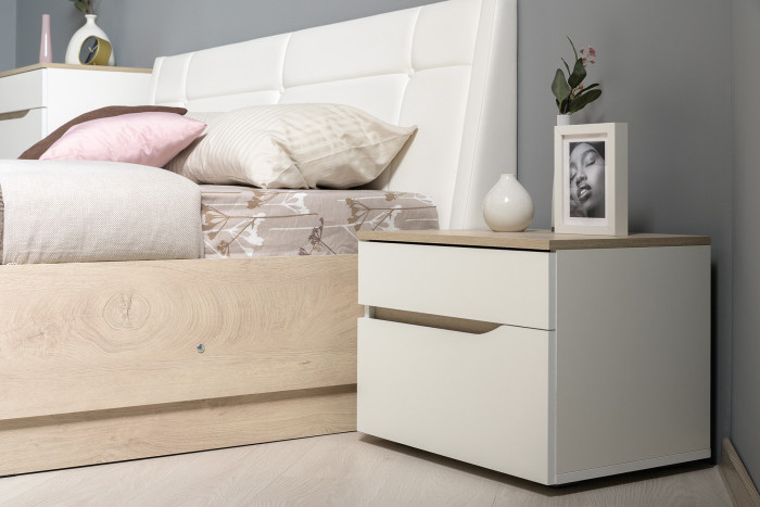 Муссон Кровать 11.28 + подъёмный ортопед + 2 х Тумба 16.03, цвет белый/дуб эндгрейн элегантный/кожзам белый/, сп. м. 1600х2000 мм., б/м