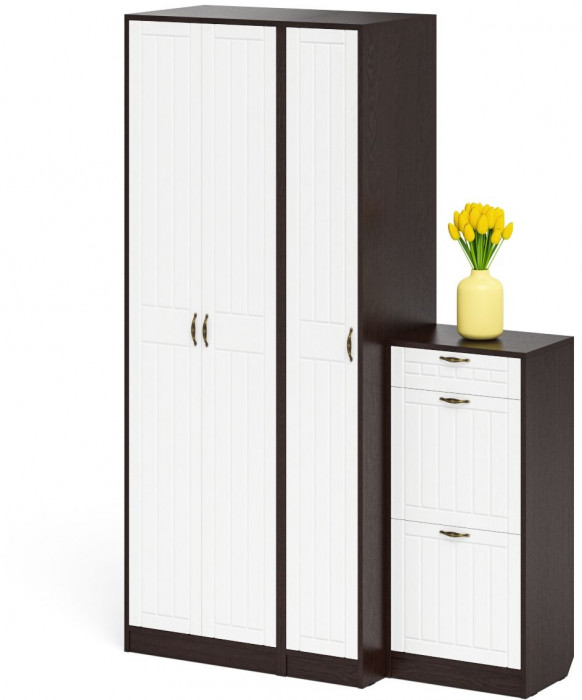 Прихожая П-6 Компоновка № 48, цвет венге/фасады МДФ белое дерево фрезеровка прованс, ШхГхВ 140х50х210 см., универсальная сборка